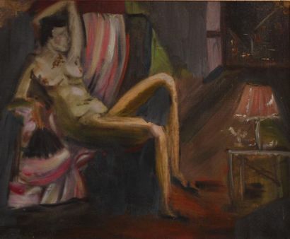 null According to Auguste CHABAUD (1882-1955). Naked woman in an interior. Oil on...