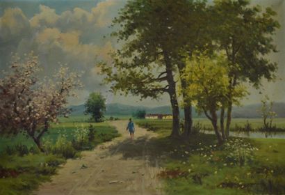 null J. Serrat-Calvo (XXth). Landscape on the path. Oil on canvas signed lower right....