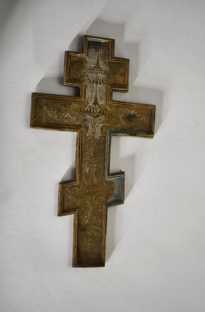 null Orthodox bronze cross enamelled blue with a scene of Crucifixion on Golgotha,...