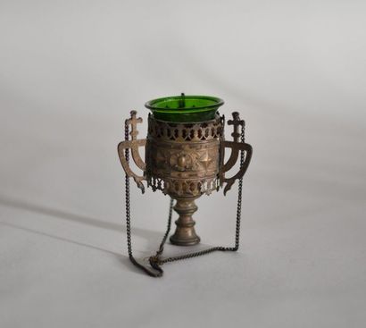 null Openwork brass censer decorated with geometrically patterned friezes, the three...