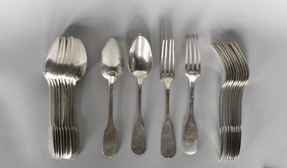 null Eleven plain silver cutlery, the spatula encrypted. A fork is attached to the...
