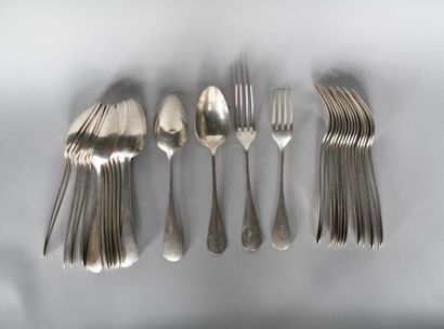 null Suite of seventeen plain silver cutlery, the spatula encrypted. A spoon is attached...