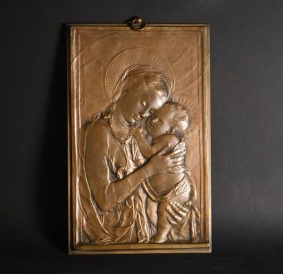 null F. Barbedienne fondeur. Virgin with child. Bronze bas-relief with medal patina....