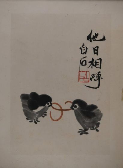 null Chine XXe. Estampe sur papier à décor de deux poussins, signature Qi Baishi
Dim...