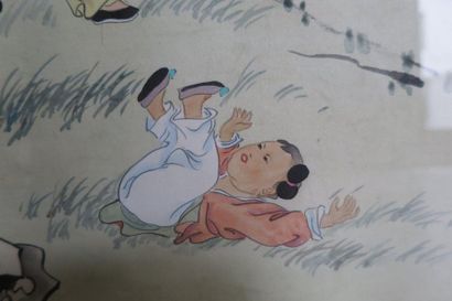 null Chine XXe. Peinture à l’encre et couleur sur soie représentant des enfants jouant...