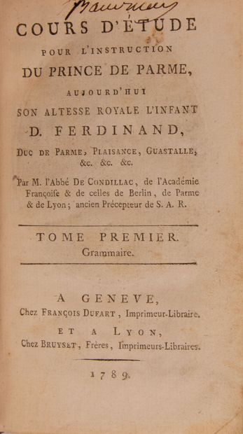 null CONDILLAC (Abbé de). Cours d’étude pour l’instruction du Duc de Parme. Genève...