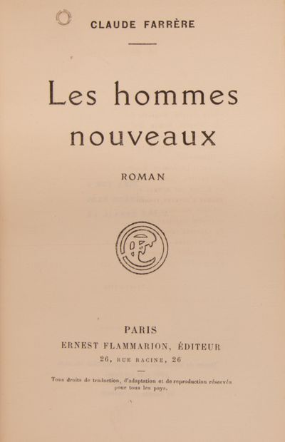 null FARRERE (Claude). Les hommes nouveaux. Paris, Flammarion, (1922). In-12, demi-maroquin...