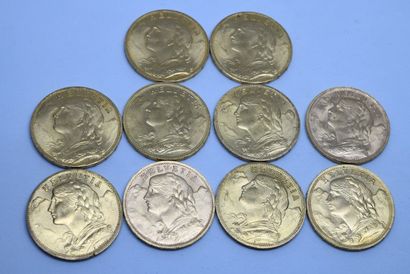 null Switzerland. 10 pieces 20 Fr gold 1915 (x1), 1916 (x2), 19247 (x2), 1929 (x1),...