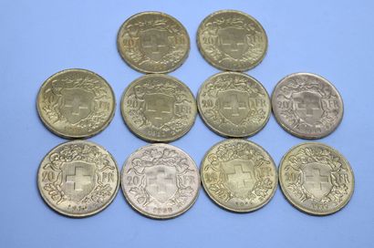 null Suisse. 10 pièces 20 Fr or 1915 (x1), 1916 (x2), 19247 (x2), 1929 (x1), 1930...