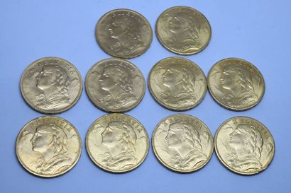 null Suisse. 10 pièces 20 Fr or, 1922 (x3), 1927 (x3), 1929 (x1) et 1930 (x3)





Lot...