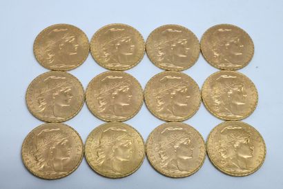 null France. Douze pièces 20F or au coq, 1907, 1910, 1912, 1913 (x8) et 1914



Lot...