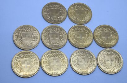 null Switzerland. 10 pieces 20 Fr gold, 1922 (x3), 1927 (x3), 1929 (x1) and 1930...