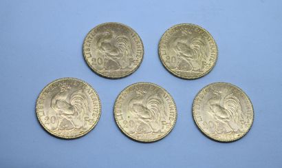 null France. 5 pieces 20Fr gold at the cock, 1910 (x3) and 1907 (x2)



Lot sold...