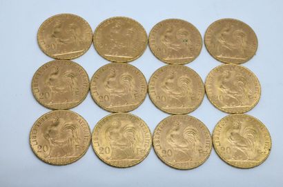 null France. Douze pièces 20F or au coq, 1907, 1910, 1912, 1913 (x8) et 1914



Lot...