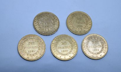 null France. 5 pieces 20Fr gold to the genius, 1886 (x1), 1877 (x1), 1897 (x1) and...