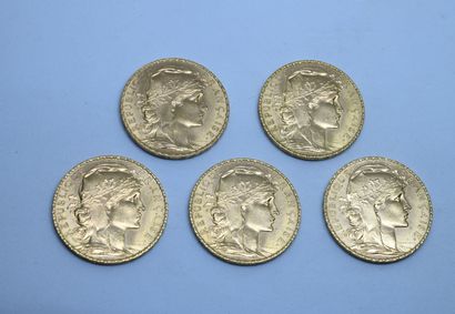 null France. 5 pieces 20Fr gold at the cock, 1910 (x3) and 1907 (x2)



Lot sold...