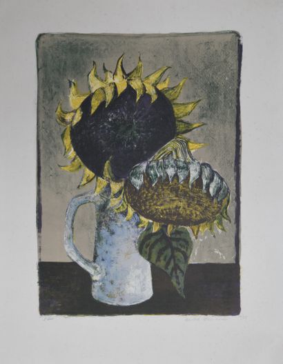 null André MINAUX. 

Composition aux tournesols et pichet. 

Lithographie couleur,...