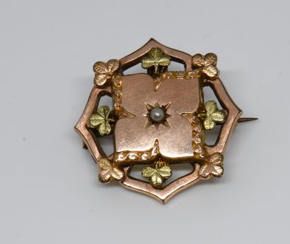 null Broche ancienne à décor floral en métal doré orné d'une demi-perle au centre.

Dimensions...