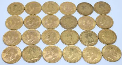 null ROYAUME-UNI. 24 pièces or souverain . 1876, 1893, 1896, 1900 (x2), 1903, 1905,...
