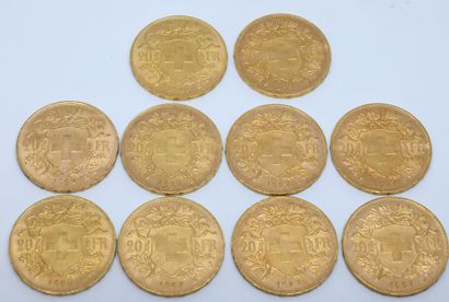 null SUISSE. Dix pièces 20 Francs or. 1927