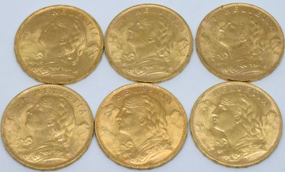 SUISSE. Six pièces 20 Francs or. 1922
