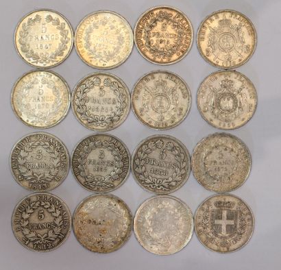 null 
FRANCE. Quinze pièces argent 5 FF. 1812,1813, 1831, 1834, 1838, 1847, 1852,...