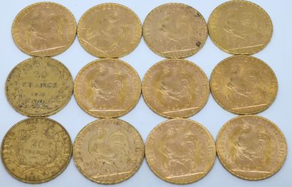 null FRANCE. Douze pièces de 20 Francs or. 1847, 1850, 1907 (x3), 1911 (x3), 1904,...
