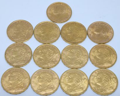 null SUISSE. Quinze pièces 20 Francs or. 1896, 1900, 1907, 1908, 1911, 1912, 1914...