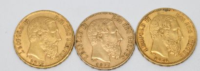 null 
BELGIQUE. Trois pièces 20 francs or Leopold II. 1870, 1875 et 1877