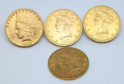 null USA. Quatre pièces 10 dollars or. 1892, 1899, 1901 et 1910