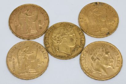 null FRANCE. Cinq pièces 20 Francs or. 1851, 1866, 1875, 1876, 1896