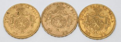 null 
BELGIQUE. Trois pièces 20 francs or Leopold II. 1870, 1875 et 1877