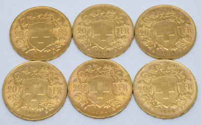 null SUISSE. Six pièces 20 Francs or. 1922