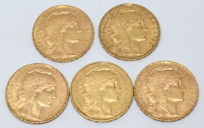 null 
FRANCE. Cinq pièces de 20 Francs or. 1901, 1906, 1912 (x2) et 1913