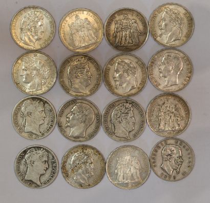 null 
FRANCE. Quinze pièces argent 5 FF. 1812,1813, 1831, 1834, 1838, 1847, 1852,...