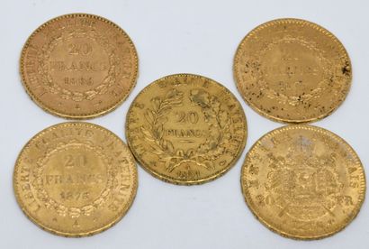 FRANCE. Cinq pièces 20 Francs or. 1851, 1866,...
