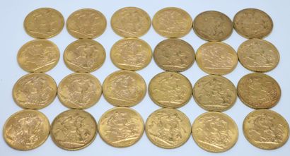 null ROYAUME-UNI. 24 pièces or souverain . 1876, 1893, 1896, 1900 (x2), 1903, 1905,...
