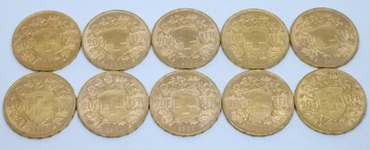null SUISSE. Dix pièces 20 Francs or. 1930