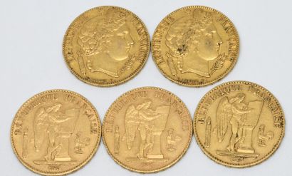 null 
FRANCE. Cinq pièces de 20 Francs or. 1851 (x2), 1875, 1877, 1896