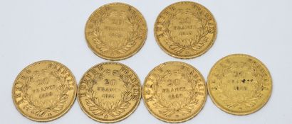 null 
FRANCE. Six pièces de 20 Francs or. 1855(x2), 1856, 1859 (x2) et 1860