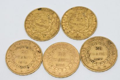 null 
FRANCE. Cinq pièces de 20 Francs or. 1851 (x2), 1875, 1877, 1896