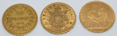 null FRANCE. Trois pièces 20 Francs or. 1846, 1861 et 1912
