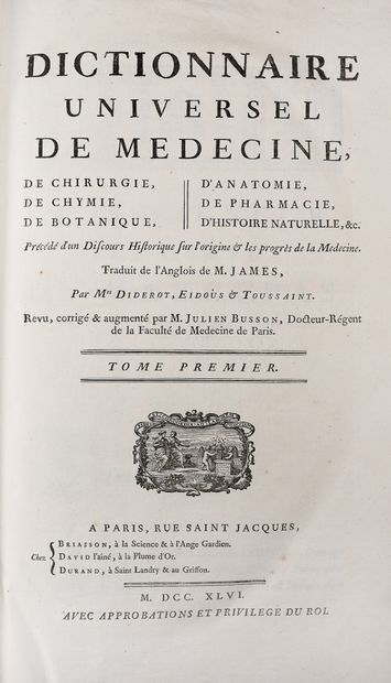 null DIDEROT (Denis). DICTIONNAIRE UNIVERSEL DE MEDECINE, DE CHIRURGIE, DE CHYMIE,...