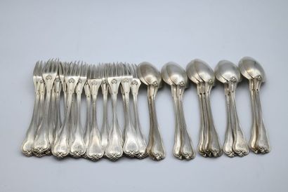 null Part of a silver menagere with a scroll pattern, the spatulas are violinized...