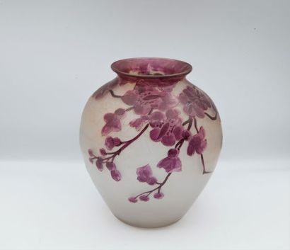 null LEGRAS. Ovoid vase in painted glass with plum tree flowers in relief on a white...