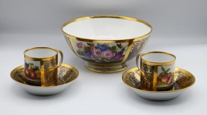 null PARIS. Pair of porcelain cups and round bowl with polychrome decoration in rectangular...
