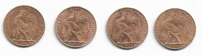 null *FRANCE. Quatre pièces 20FR or au coq. 1904, 1909 (x2) et 1910
