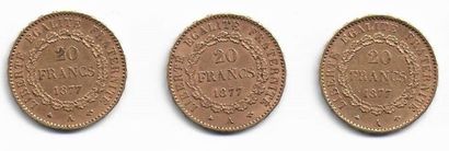 null FRANCE. Trois pièces 20FR or Mercure troisième République. 1877