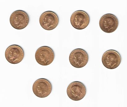 null ROYAUME UNI. Dix pièces or souverain. 1927 (x2), 1928 (x2), 1929 (x2) et 1931...