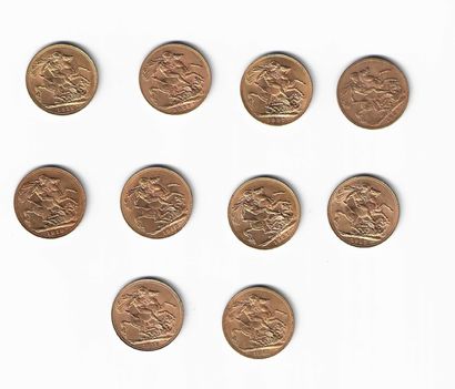 null ROYAUME UNI. Dix pièces or souverain. 1912 (x4), 1913, 1915, 1925 et 1927 (...